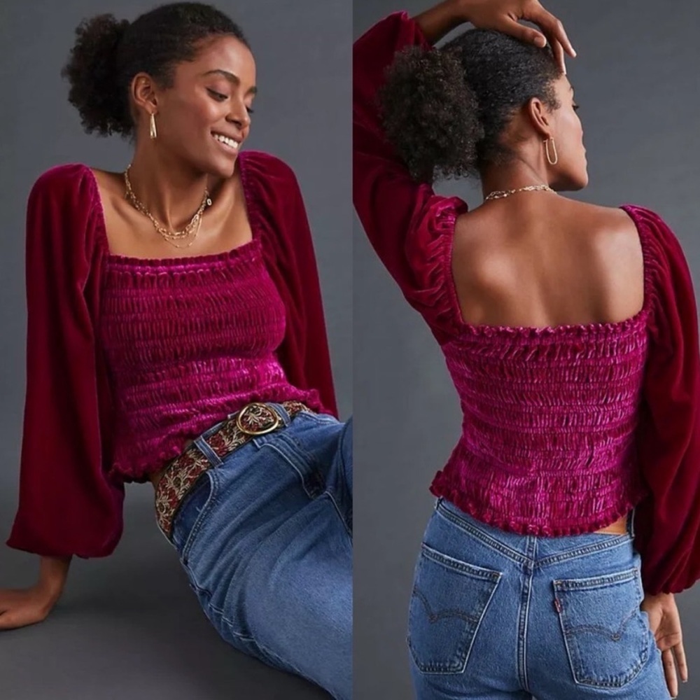 Anthropologie Velvet Smocked Puff Sleeve Peasant Top In Pink/Rose NWT Size Large